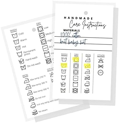 Handmade Material Care Instruction Cards | 30 Pack | 2 x 3" inches Tags | Handmade Care Cards | Material Care Instructions for Homemade Materials | White and Black Design