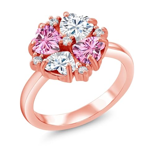 Gem Stone King 18K Rose Gold Plated Silver Pink Moissanite and Moissanite Ring For Women (2.08 Cttw, Heart Shape 5MM, Gemstone Birthstone, Available in Size 5,6,7,8,9)