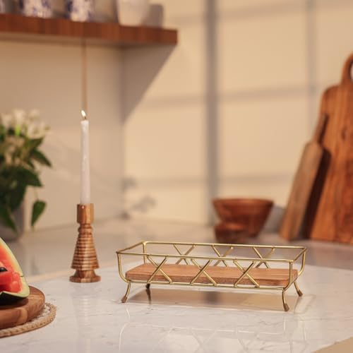 Image of Harvest Glow Metal Fruit Basket with Acacia Wood - Elegant Countertop Storage for Fresh Fruits & Vegetables