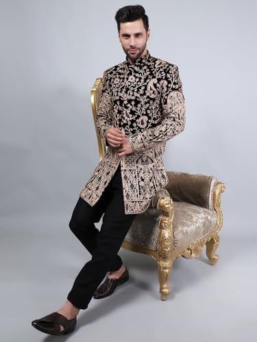 Image of WINTAGE Embroidered Velvet Black Bandhgala