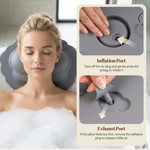 Silicone Bath Pillow for Tub – Inflatable Bathtub Pillow for Head & Neck Support, Waterproof Bath Cushion for Jetted Tub, Gifts for Mom Women
