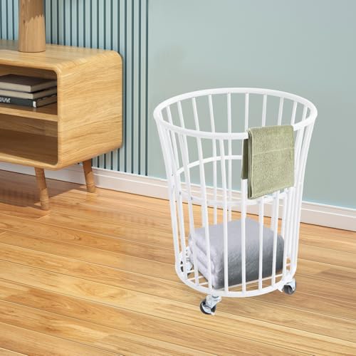 Image of Rolling Laundry Basket Cart Metal Laundry Basket with Wheels,Portable Laundry Hamper Bathroom Dirty Clothes Storage, 11.8in Base Diameter, 14.2(D)x15.7in(H)(J)