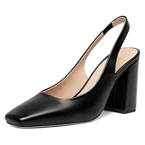 FOGEENA Womens Slingback Sexy Comfortable Square Toe Party Fashion Matte Leather Block High Heel Pumps Dress Shoes 3.5 Inch