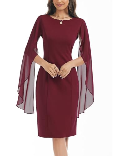 Image of HELYO Women's Chiffon Cloak Sleeve Mini Cape Dress V-Back Semi-Formal Elegant Bodycon Wedding Guest Evening Cocktail Dresses