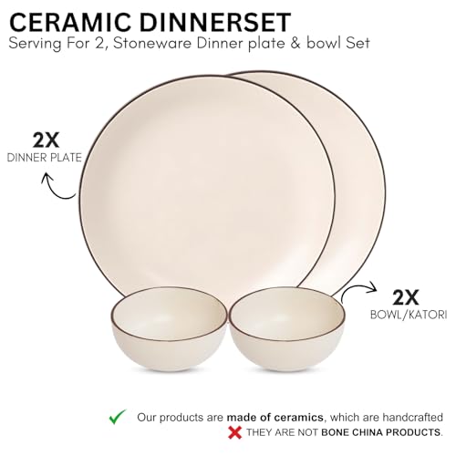 Image of Freakway Hand Painted Ceramic Dinner Set of 4 Pcs | 2 Stoneware Dinner Plates (10.6 Inch) and 2 Bowl /Katori (3.93 Inch and (170 Ml) | Microwave & Dishwasher Safe - Ivory White