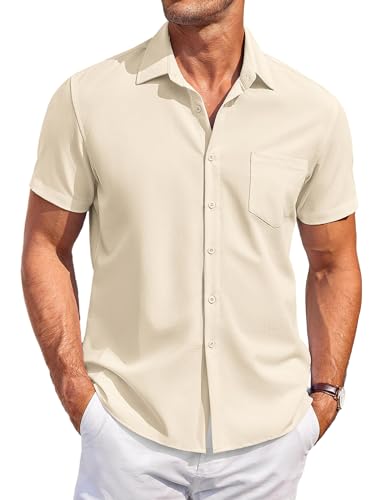 COOFANDY Hombres Camisa de Manga Corta Camisa Casual con Botones Regular Fit Camisa de Verano con Bolsillo Beige M