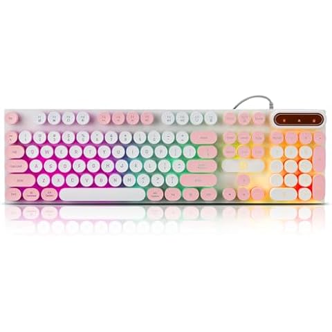 Guiheng Wired Retro Punk Gaming Keyboard with Rainbow Backlit, 104 Keys Wired Cute Keyboard, Round Keycaps for Windows/Mac/PC(White and Pink) Cover