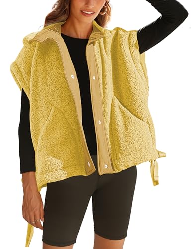TAQCUX Sherpa Jacket for Women Casual Fleece Vest Oversized Sleeveless Outwear Warm Button Down Gilet with Pockets(Yellow-S)