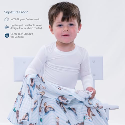 Image of LollyBanks Muslin Swaddle Blankets, 100% Cotton Neutral Baby Blanket for Boys and Girls, Soft and Lightweight 47 x 47 Inches Newborn Swaddles, Breathable Toddler Blanket (Swimming Mallard Duck Print)