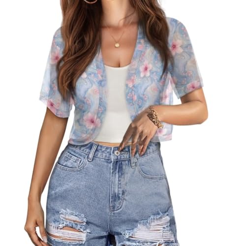 Image of Womens Short Sleeve Cardigans Lightweight Summer Cardigan Trendy Bolero Shrug Cute Floral Cardigan Sheer Bolero