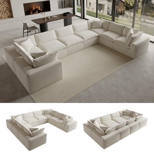 Image of 189 inch Boneless Cloud Couch, Modular Sectional Couches for Living Room, U Shaped with Deep Seats, No Assembly Required, 8 Seater Washable Fabric Sleeper Sofa, White