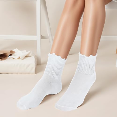 Image of Ptwola 6 Pairs Women Ruffle Socks Cute Ankle Boot Frilly Socks White Soft Knit Cotton Crew Dress Sock Lettuce Trim Stockings for Teen Women Elastic Slouchy One Size Boot Leather Shoes