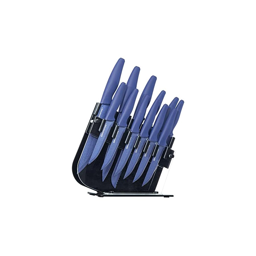 Nutriblade 13-Piece Knife Set by Granitestone High-Grade Stainless Steel Blade Chef Kitchen Knives Set with Acrylic Block Includes 6-piece Kitchen Knife plus 6-piece Fully Serrated Steak Knife (Blue)