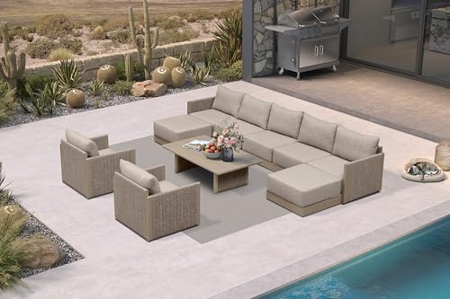 Image of PURPLE LEAF Patio Set 10 PCS w /Table & Ottoman, Deep Seating Rope, Beige