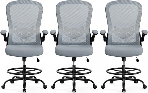 Image of ErGear Drafting Chair,Tall Office Chair with Flip-Up Armrests, High Desk Chair Adjustable Height and Adjustable Footrest Ring, Ergonomic Standing Desk Chair with Lumbar Support, Blue,3 Pack