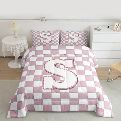 Image of Erosebridal Pink Initial S Kids Comforter Sets Kawaii Plaid Checkered Full Bedding Set for Girls Teen Women Cute Personalized Monogram Comforter Set,Fashion Grids Gingham Quilt Duvet 3 Pcs
