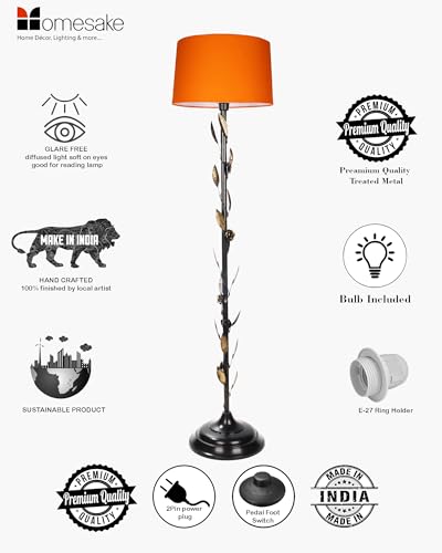 Image of Homesake Floor Lamp for Living Room with Shade | Contemporary Metal Night Corner Lamp for Living Room | Home | Side Lamp for Living Room | Bedside | Home Decor Items (Floral, Orange)