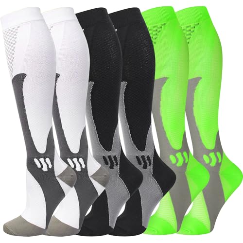 Gcbiger Lot de 3 paires de chaussettes de compression pour homme Circulation 20-30 mmHg Bas de compression médicale pour femme, Noir + blanc + vert, Small/Medium