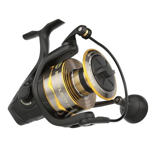 Battle IV Spinning Reel Saltwater Angler Fishing Sea Fish Lure & Bait Bass Pollack Cod Mackerel Wrasse Aluminum Robust Ambidextrous 8000 High Speed Reel Size 5.3:1 Black Gold & Smoke
