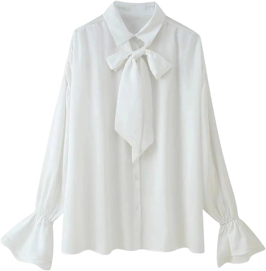 Women's Stand Collar Satin Bell Sleeve Bow Tie Shirt