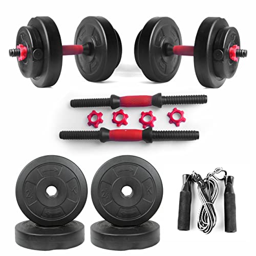 Image of ARTINO Dumbbell, Adjustable Dumbbell (14 kg - 2.5kg x 4 & 1kg x 4), of Adjustable Dumbbell Rods with PVC Dumbbell Plates and Ball Bearing Skipping Rope Home Gym Combo, Exercise & Fitness Sets