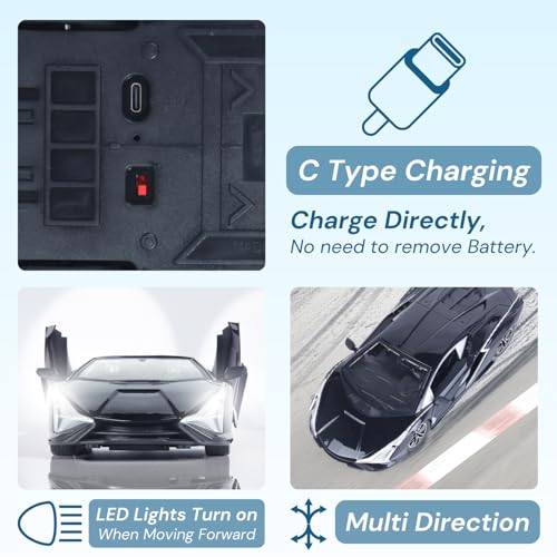 Image of Popsugar Door Opening Remote Control Car|Rechargeable 1200mAh Lithium Battery|C-Type Charging|75-Min Runtime|2.4G Long Range Remote (100+ ft)|HighSpeed RC Car|Gift for Kids|Made in India (Black)