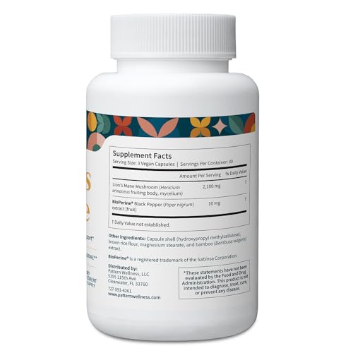 Pattern Wellness Lion’s Mane Mushroom – Supplement Capsules for Cognitive & Focus Support – Enhanced Absorption – 90 Vegan Capsules - Image 4