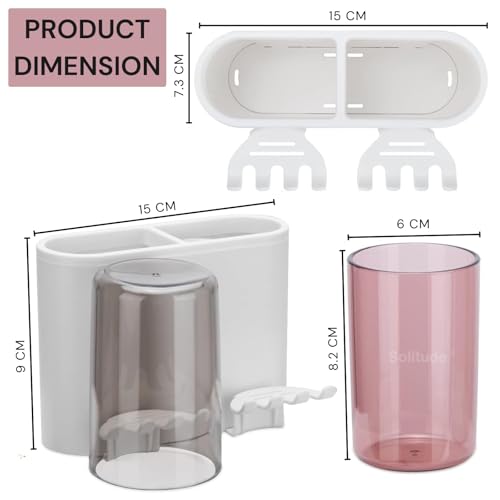 Image of Solitude Wall Mounted Tooth Brush Holder for Bathroom with 2 Mouthwash Cups | Bathroom Toothbrush Organizer | Multi-Compartment, Dustproof & BPA-Free Brush Holder for Bathroom Storage