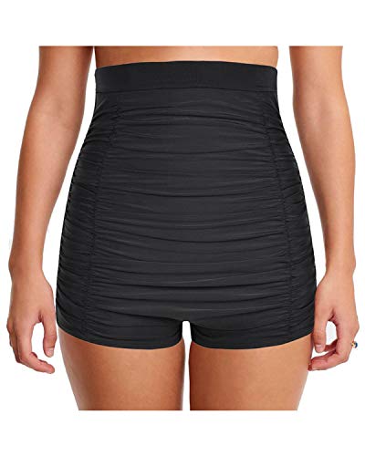 Yonique Womens Ruched Tummy Control Swim Bottoms Ultra High Waisted Swimsuit Shorts Boyshorts Black S