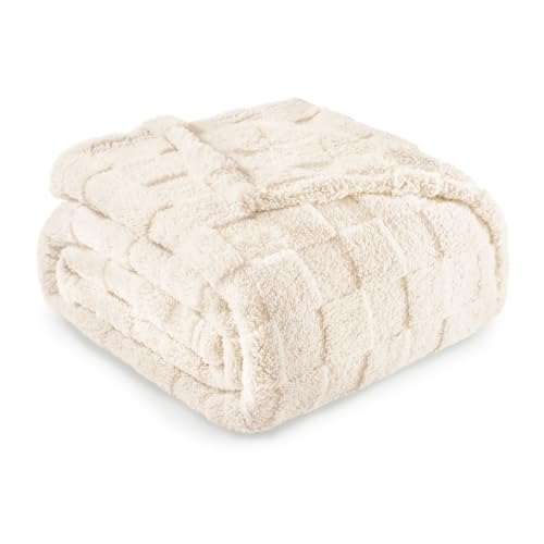 Exclusivo Mezcla Plaid Couverture Polaire à Motif Carreaux, Plaid jeté de Canape Super Doux et Chaud, Léger pour Toutes Les Saisons, 130x150 CM, Ivoire