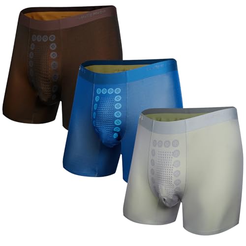 QWY Men's Modal Boxer Briefs, Mid Rise, Moisture-Wicking, 3-Pack, Black/Blue/Light Gray