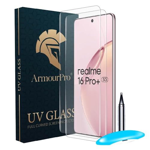 Image of ArmourPro UV Glue Tempered Glass for Realme 16 Pro Plus, Pack of 2, Curved Screen Protector, 9H Anti Scratch, Edge to Edge Coverage, HD Clarity, Easy UV Installation Kit