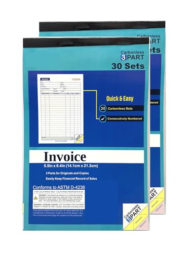 Carbonless Invoice Book, 3-Part Snap-Off Forms – 60 Sets (2 Books, 30 Sets Each) – White/Pink/Yellow, Blue Ink, 5-1/2