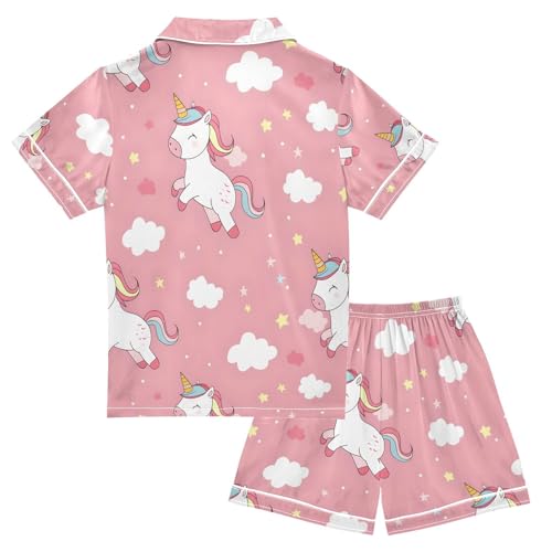 ALAZA Cute Unicorn Star Cloud Pajamas Satin Pajama Set Short Sleeve Button Down Sleepwear2