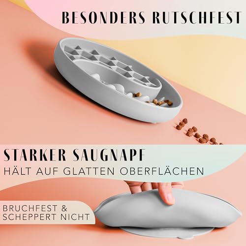 ne&no® Anti Schling Napf für Hunde und Katzen I Slow Feeder I Leckmatte Hund mit großem Saugnapf I Schleckmatte Katze für Nassfutter und Trockenfutter (Stone Grey)