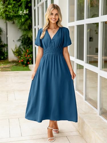 Image of Simplee Women's Summer Flowy Midi Dress Casual V Neck Short Sleeve Empire Waist Boho Beach Dress Wedding Guest Maxi Dress