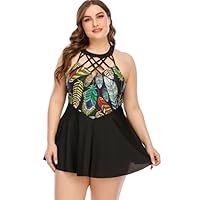 Plus Size Swimwear Printed Black Crossover Swimsuit Bikini Set - 5XL