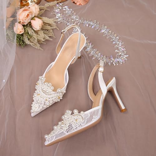 Lymphvity Lace Pearl Slingback Heels for Womens Sparkly Rhinestone Pointed Toe Slip On Heeled Sandals Mesh Bridal Dress Wedding Stiletto Pumps4