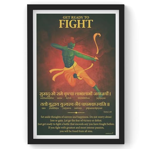 Image of Sanjeev Newar Get Ready to Fight Wall Art, Bhagwat Gita Quote, Geeta Wall Art, Sanskrit Art, Inspiring Sanskrit Quote Item (Multicolor, Frame size: 13 x 19 inches, Frame Color: Black)