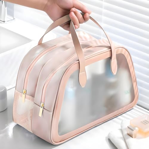 Image of Kuber Industries Waterproof Skincare /Cosmetic Bag for Women | Space-Saving Makeup & Travel Toiletry Pouch | Aesthetic Vanity Kit & Wash Bag for Girls | YJ-20-PNK | Transparent - Pink