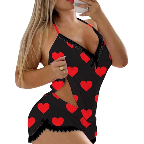 Valentines Pajamas For Women V Neck Lace Trim Love Heart Graphic Sexy Loungewear Fashion Y2K Cami Lounge Comfy Soft Nightgown,Black,Xx-Large