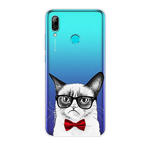 Uposao Compatible with Huawei P Smart 2019 Case Crystal Clear Ultra Slim Thin Soft TPU Gel Protective Anti-Scratch Transparent Cover with Flower Animal Printed Back Cover,White Cat