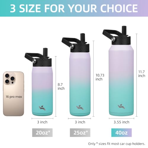 Image of Konokyo 40oz Insulated Stainless Steel Water Bottle with 3 Lids, Leakproof BPA-Free Bottle with Straw Lid, Sip Lid and Flex Cap for Gym, Travel, School, Office, Oasis