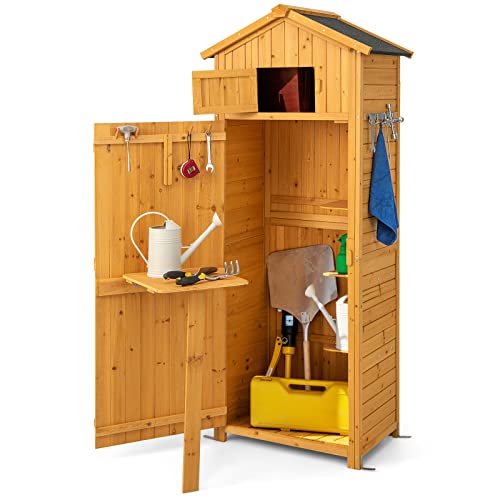 GOPLUS Gartenhaus Holz, Gartenschrank mit Ablagen & 8 Haken, Gerätehaus mit Satteldach, Geräteschuppen Gartenhütte Gartenschuppen für Garten & Terrasse, 70 x 35,5 x 176cm