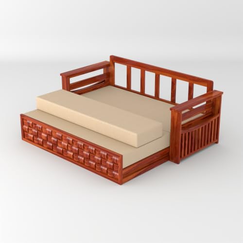 Image of Solid Sheesham Wood Sofa Cums Bed with Mattress & Storage | Rosewood Convertible Sofa Bed for Living Room & Bedroom (G-Honey, 3 Seater)