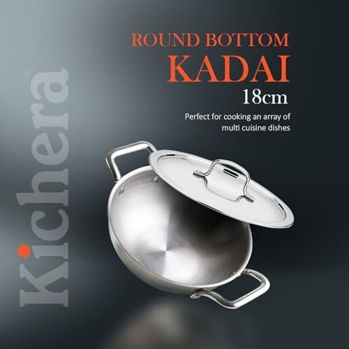 Image of Kichera Triply Stainless Steel Kadai with lid | 18cm /7 inch, 1.2Ltr, 1.2kg| Smooth Finished Flat Bottom Induction Deep Fry Kadhai |Ideal for All cooktops Cookware | 3 Layer Kadai for Cooking