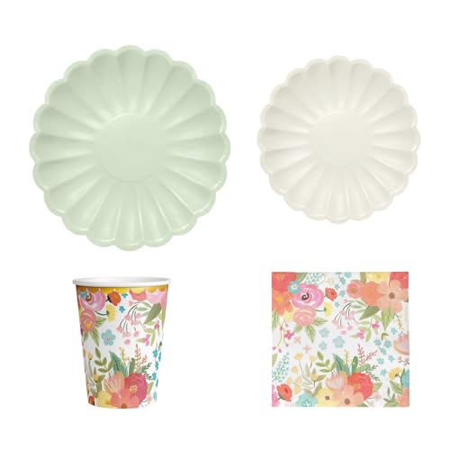 OH YEAH - Set Vajilla Desechable Fiesta 6 Personas Floral- Vasos Cartón 270 cc + Platos Cartón Ø18 y Ø23 cm + Servilletas Papel - Menaje para Cumpleaños y Eventos - FIESTA COLOR FLORAL