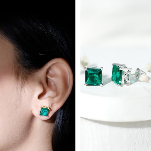 Certified 8 mm Princess Cut Lab Grown Emerald Earrings, AAAA Quality, Emerald Studs with Screw Back - Ready To Gift2
