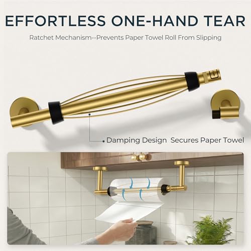 Image of FORIOUS Paper Towel Holder Under Cabinet, SUS304 Wall Mounted Commercial Paper Towel Holder, One-Handed Tear Hanging Paper Roll Holder with Ratchet Mechanism for Kitchen Bathroom (Brushed Gold)