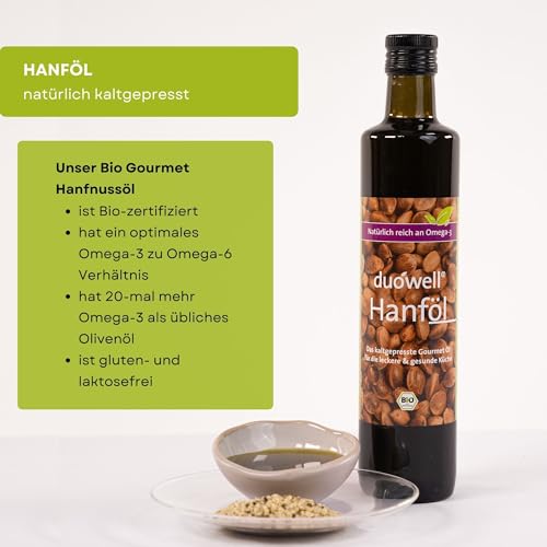 duówell® - Hanfnussöl Bio 500ml | Bio Hanföl mit nussig, aromatischem Geschmack | Kaltgepresstes Hanföl ideal auch für Veganer & Nuss-Allergiker | Gluten-& laktosefreies Hanföl | Inhalt: 2x500ml
